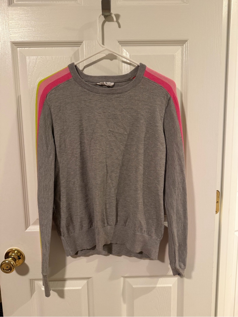 THML Gray Crewneck Sweater with Neon Pink and Neon Yellow Shoulder Stripes